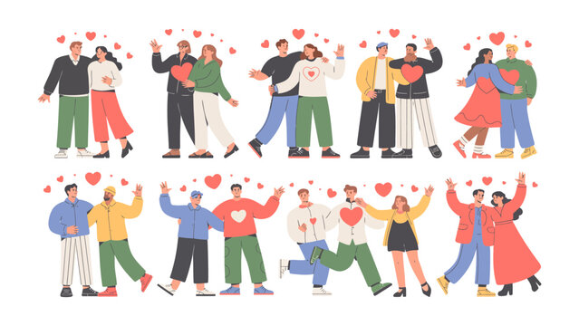 Love's Embrace: A vibrant scene featuring diverse couples, each expressing affection with open arms and shared hearts, their connection resonating with warmth and joy. 