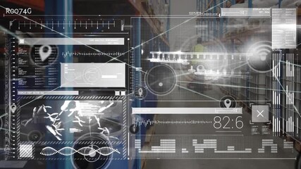Animation of data processing over rear view of male worker pushing pallet at warehouse - Powered by Adobe