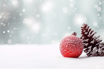 Frosted red bauble and pine cones resting on fresh snow with falling snowflakes