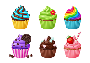 Six Colorful Cupcakes With Frosting And Sprinkles On Transparent Background