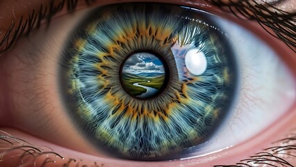 A macro illustration of a human eye with a green iris and blue pupil reveals a detailed retina pattern, capturing the vision of a girl in a closeup design
