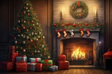 Fototapeta premium Decorated christmas tree with presents next to a brick fireplace and glowing fire, creating a cozy holiday atmosphere