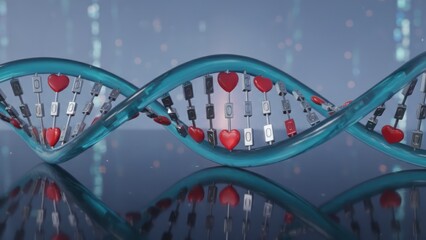 DNA Strand with Hearts and Technology Elements Genetics Love Biotechnology. Concept featuring dna, hearts, technology, genetics, love.