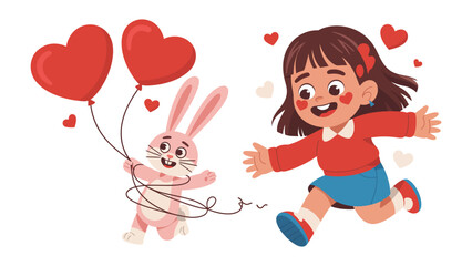 Love's Sweet Embrace: A heartwarming scene unfolds as a delighted young girl rushes towards a charming rabbit holding heart-shaped balloons, symbolizing affection and joy. 