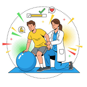 Female physical therapist helping a young man with a stability ball exercise, medical rehabilitation and physiotherapy session concept, healthcare professional assisting patient recovery vector