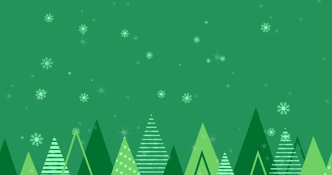 Animation of snowflakes falling over christmas trees icons against green background with copy space