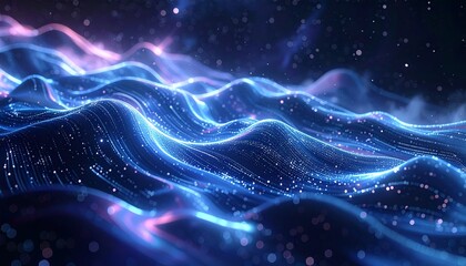 Abstract ocean of glowing blue and pink energy, particles floating above