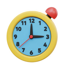 A yellow alarm clock with a blue face and red alarm on transparent background