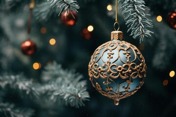 Ornamental bauble hanging on a festive christmas tree with blurred lights