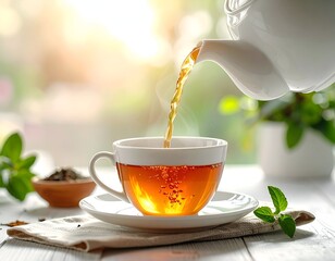 Steaming tea being poured from a white teapot into a white cup, bright light