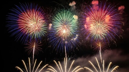 Triple burst of colorful fireworks in night sky featuring symmetrical patterns of red blue and green pyrotechnics with sparkling fountain effects at bottom for grand celebration and festive seasons