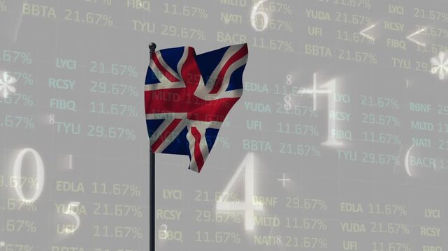 Animation of mathematical symbols over waving uk flag against stock market data processing