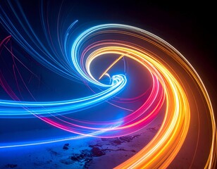 Abstract swirling light trails of red, blue, and yellow against black