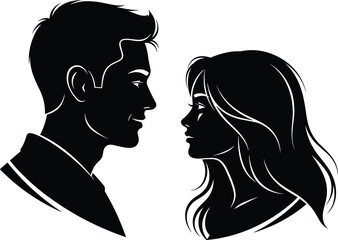 Romantic couple silhouette profile facing each other, man and woman love concept, black outline illustration isolated on white background vector art © MstMinara