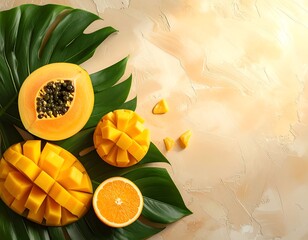 Tropical fruit and lush leaves on a textured, sunlit background