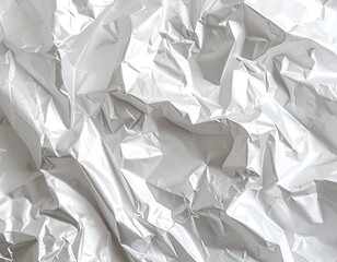 Close-up of crumpled, reflective, bright white, abstract paper texture