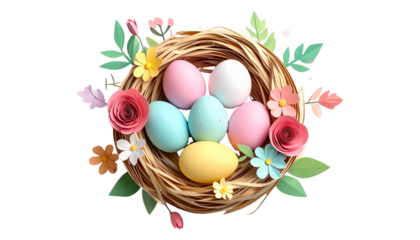 Paper-cut style Easter nest with layered straw shapes, pastel eggs, floral accents, handcrafted papercraft look, soft depth shadows, smooth edges, isolated on transparent background, PNG