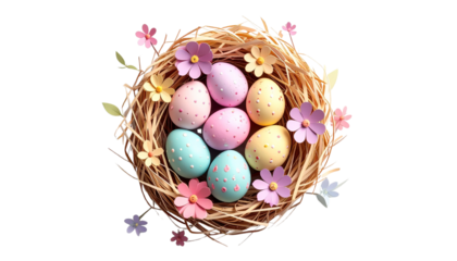 Paper-cut style Easter nest with layered straw shapes, pastel eggs, floral accents, handcrafted papercraft look, soft depth shadows, smooth edges, isolated on transparent background