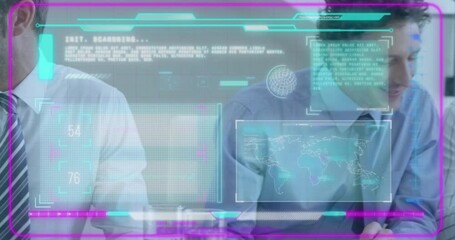 Animation of interface with data processing over diverse businesspeople discussing at office - Powered by Adobe