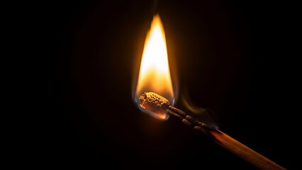 A bright orange flame ignites a wooden matchstick against a dark black background, creating a hot glowing light with a wisp of smoke as the isolated object burns with intense heat