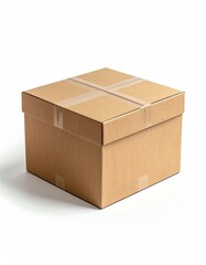 A closed, taped cardboard box on a white backdrop