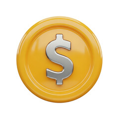 A shiny yellow dollar coin on transparent background