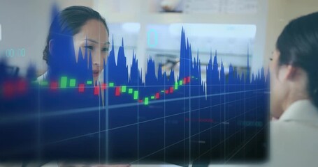 Animation of financial data processing over diverse business people - Powered by Adobe