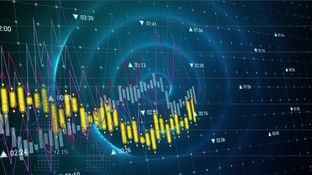 Animation of multiple graphs with increasing numbers over illuminated blue circular pattern