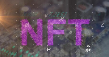 Animation of letter, nft text and graph over lens flare, dots and electronic components - Powered by Adobe