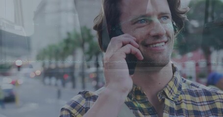 Animation of graph, globe, low section of businessman on smiling caucasian man talking on cellphone