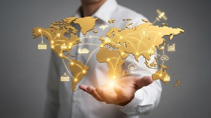 Modern global logistics network and digital supply chain system visualized with golden world map and connected icons