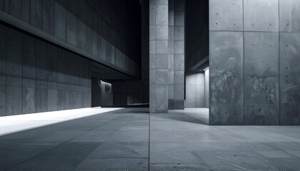 A concrete interior with columns, shadows, and architectural lines