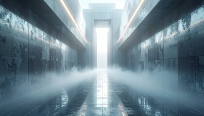 Long, modern tunnel with fog and a bright gateway at the end