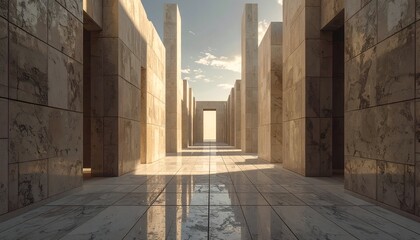 Corridor of stone pillars with a bright, sunny sky