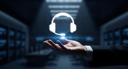 Digital headset hologram floating above a hand in a modern data center