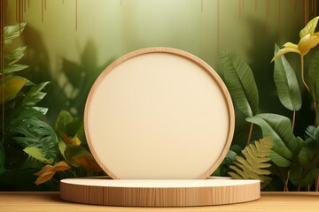 Fototapeta premium Wooden podium with round frame and tropical green leaves creating a natural product display