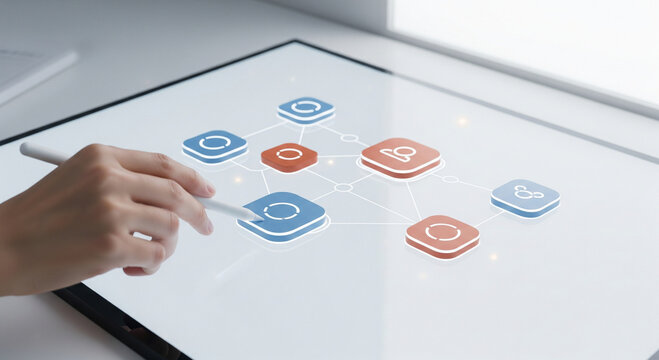 Hand interacting with digital interface displaying network connections and data flow - Powered by Adobe