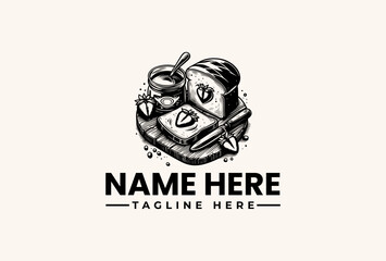 Black and white illustration of a coffee cup and saucer on a plate with a logo, surrounded by a decorative border, against a plain background with space for a name and tagline.