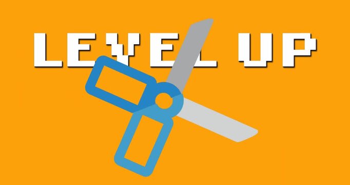 Animation of level up text and scissors school icon over orange background