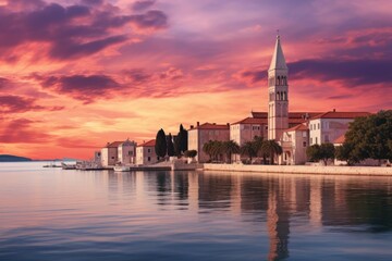 Historic supetar skyline with church bell tower reflecting in adriatic sea at sunset