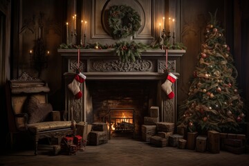 Naklejka premium Living room interior decorated for christmas, featuring a lighted tree, burning fireplace, and festive stockings