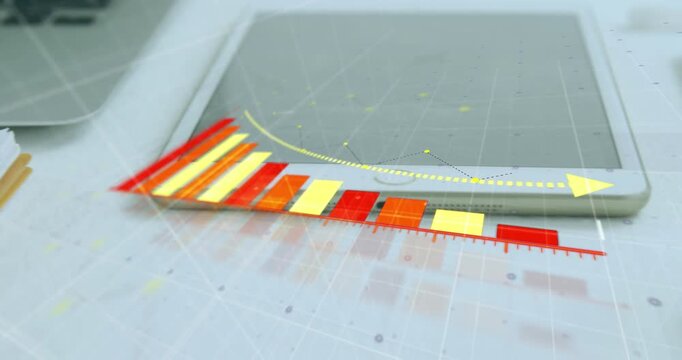 Animation of statistical data processing against digital tablet, laptop and blank papers on a table