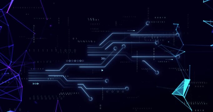 Animation of circuit board pattern over binary codes and connected dots on black background