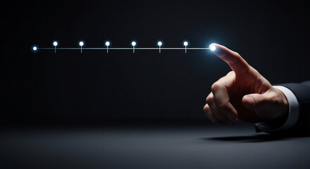 Fingertip touches glowing point on digital timeline, symbolizing progress and future goals.
