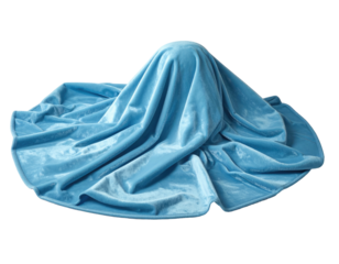 A blue, draped cloth covers an unseen form, set against black