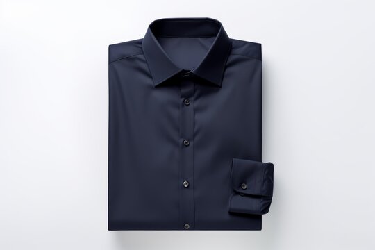 Navy blue dress shirt folded neatly on a white background, symbolizing business attire and elegance