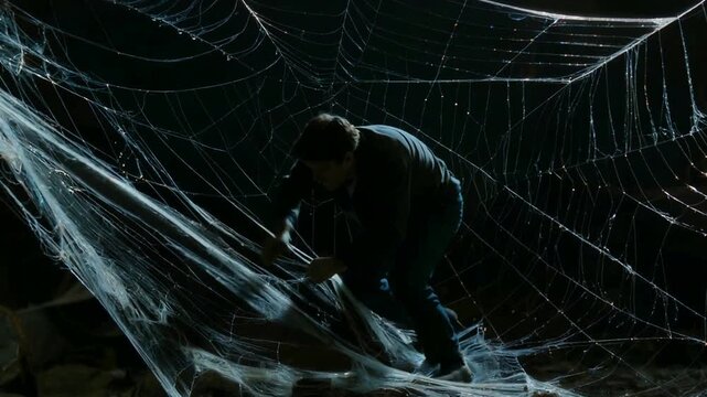 A person carefully navigates through a massive, intricate spiderweb in a dimly lit environment, appearing to be trapped or exploring a mysterious space.