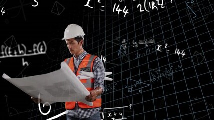 Animation of caucasian architect with blueprint and mathematical equations on black background - Powered by Adobe