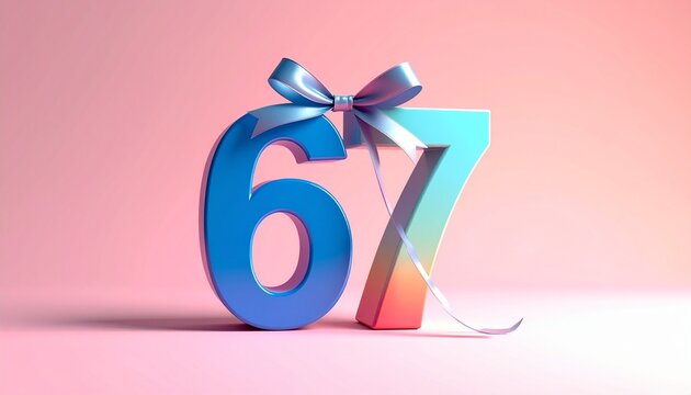 Number 67 wrapped with a festive ribbon. Image for birthday or anniversary party