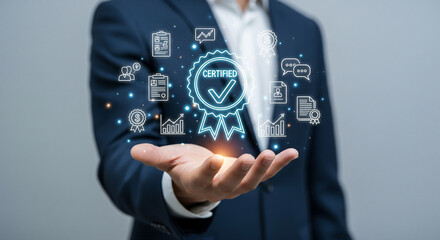 Professional displaying a verified certification badge with business icons, symbolizing trust and quality.